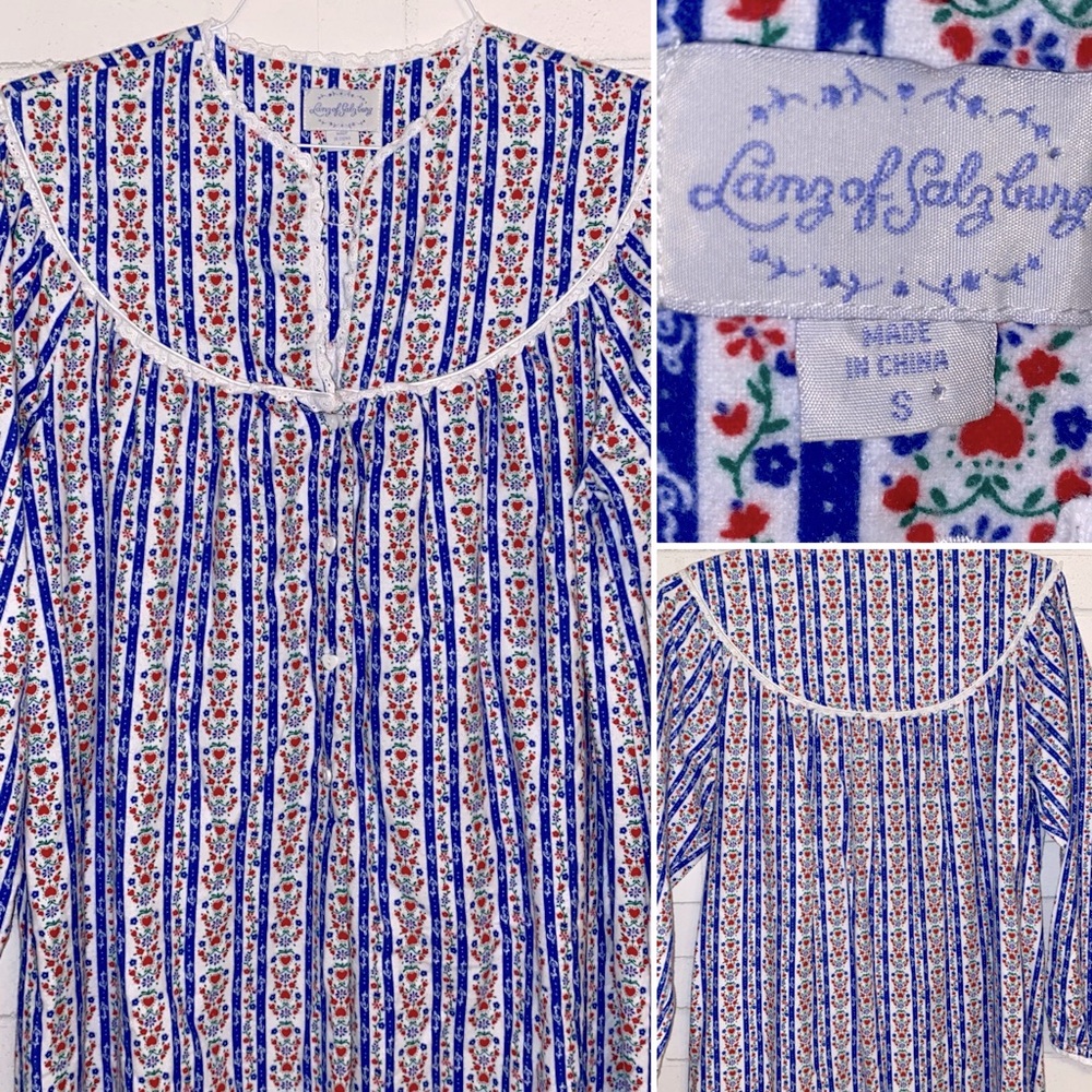 Lanz $79 Tyrolean Blue Grannycore 50 Inch Flannel Nightgown Womens Small EUC